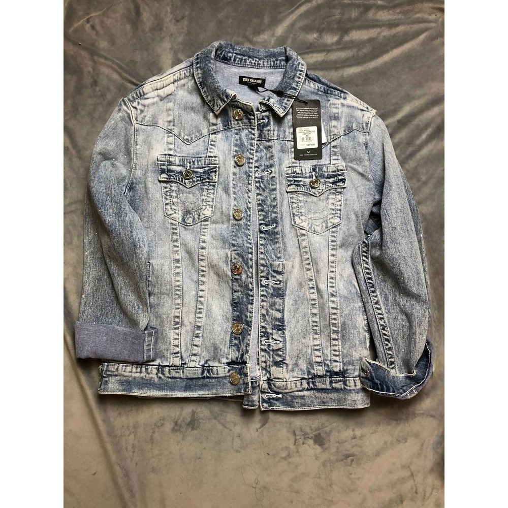 NWT True Religion Denim Jacket Crystal Oversized Jimmy XS Mimosa Blue Trucker